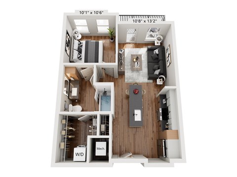 Floor plan for 1 bed, 1 bath, 622 sqft